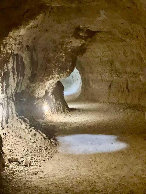       Inside of a cave with a lit pathway.
  