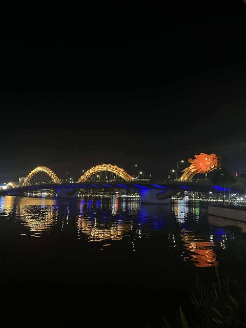 Golden Dragon Bridge in Da Nang lit up at night.
