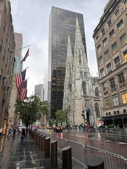 St. Patrick's Cathedral with skyline in the background.