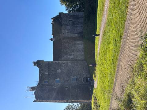 Children playing near a large stone castle.