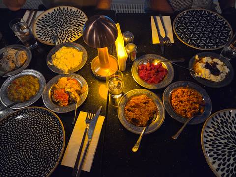 Assorted Turkish dishes served on a table.
