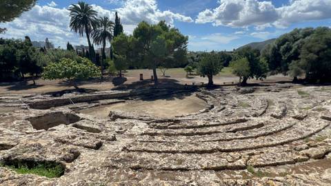 Ancient amphitheater ruins surrounded by trees.