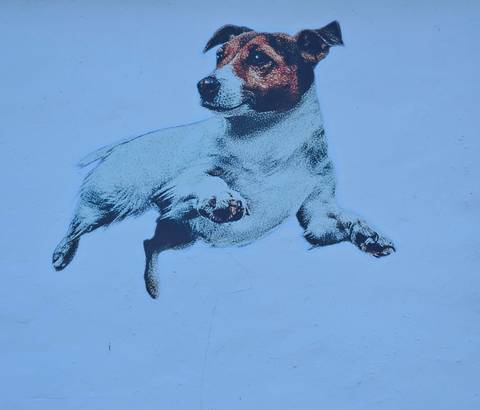 Painting of a dog leaping on a blue wall.