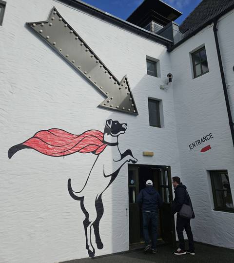 Mural of a superhero dog next to a building entrance.