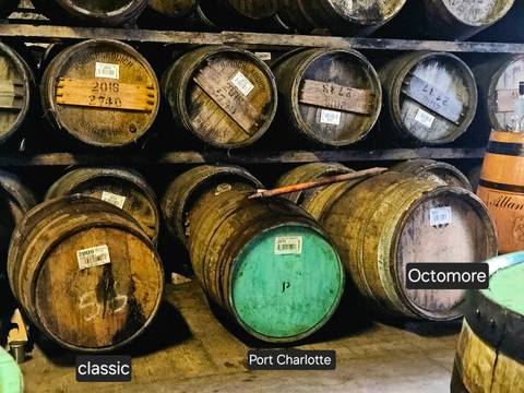       Wine barrels stacked in a storage room.
  