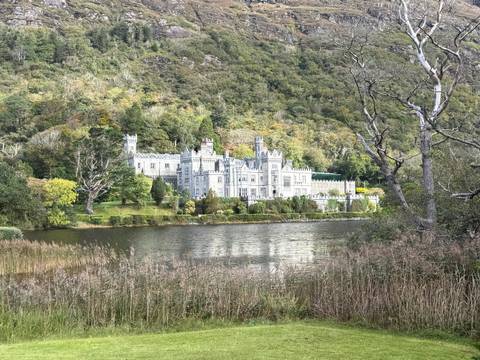Castle by a lake surrounded by trees.