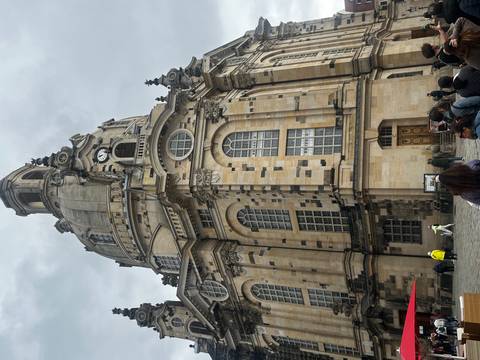       The Frauenkirche building with a group of visitors outside.
  