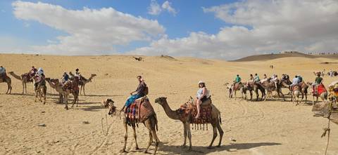 Tourists riding camels in a desert landscape.