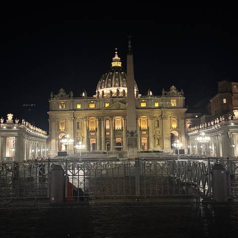       St. Peter's Basilica illuminated at night in Vatican City.
  