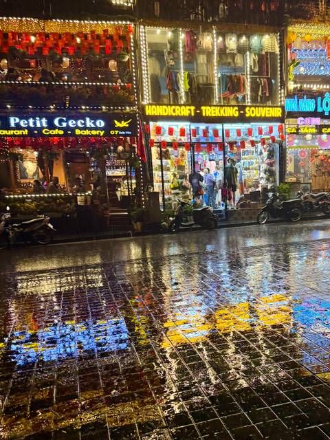       Charming street scene with reflections on wet pavement.
  