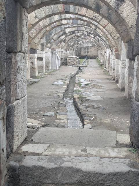       Rain-soaked ancient stone path with a narrow water channel.
  