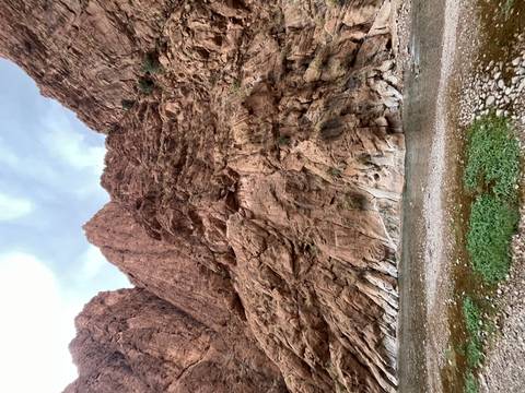       A canyon with steep rock face and a small stream flowing through it.
  