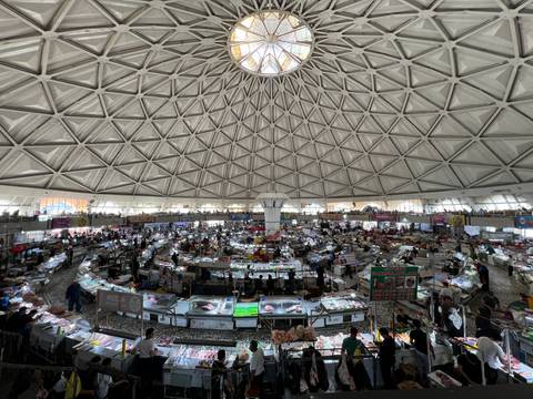 Interior of a market under a large domed ceiling.