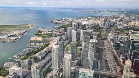       Skyline of Toronto with waterfront.
  