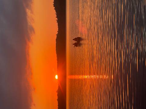       Canoe on a lake at sunset with a vibrant sky.
  