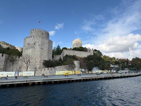 Historic fortress with towers overlooking the Bosphorus.