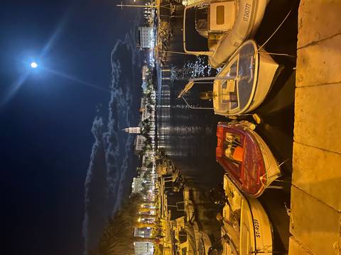       Boats docked by the waterfront under moonlight with a lit cityscape.
  