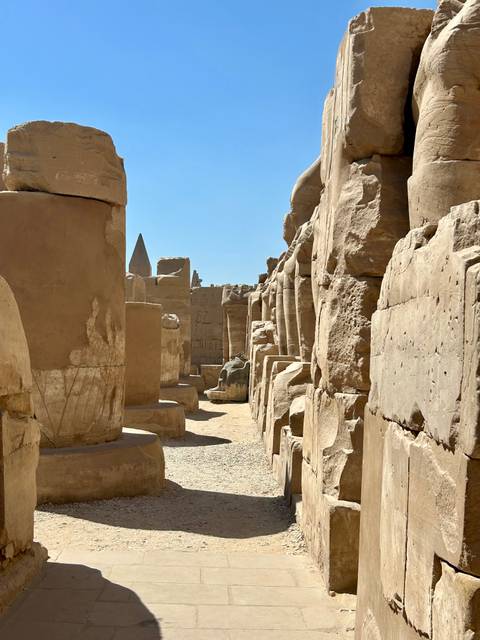 Wide view of ancient Egyptian temple ruins with columns.