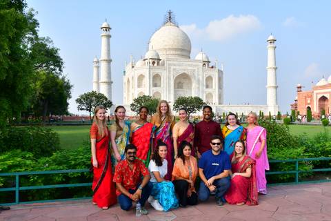 Group of tourists at the Taj Mahal.