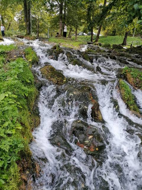       A close-up view of a flowing waterfall.
  