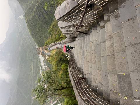       Scenic view of the Great Wall of China surrounded by green hills.
  