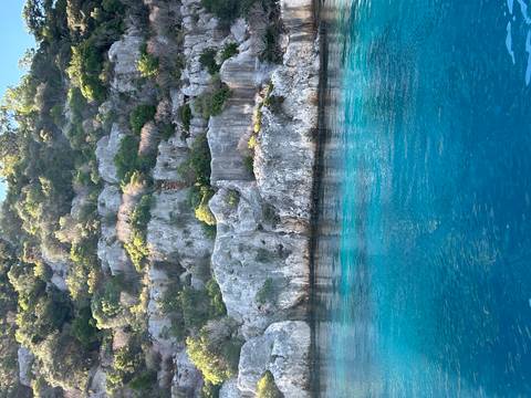       Turquoise waters along rocky coastline with lush foliage.
  
