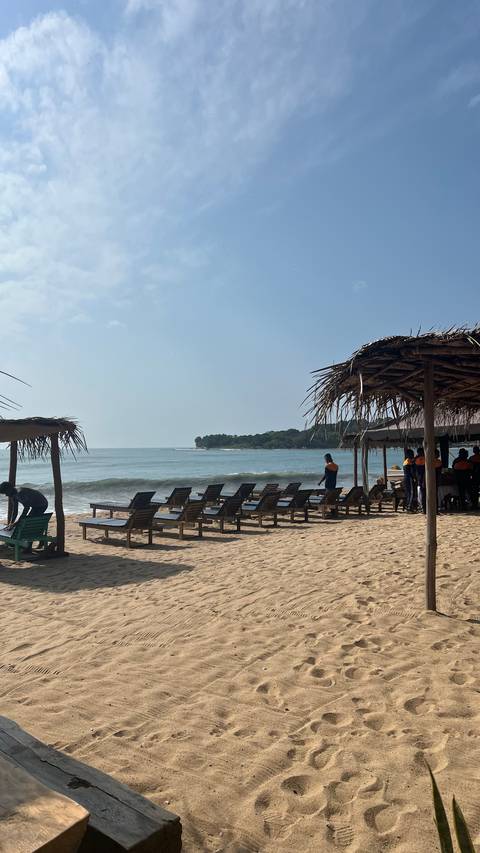 Beach with lounge chairs under straw roofs, view of the ocean.