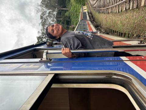 Person leaning out of a blue and red train.