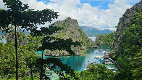       Picturesque lagoon surrounded by limestone cliffs and vegetation.
  
