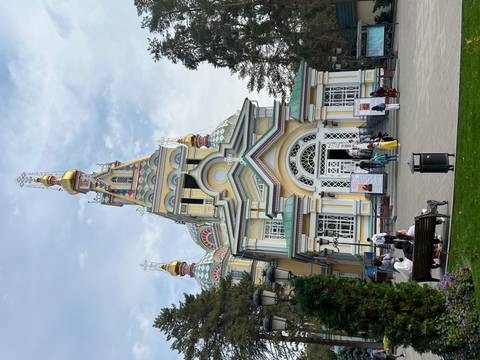 An ornate Russian Orthodox cathedral with multicolored domes.