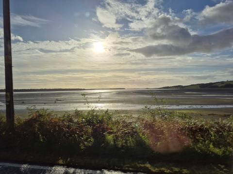       Sun reflecting off a tidal flat during sunset.
  