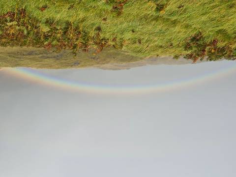 Vibrant rainbow arching across a grassy landscape.