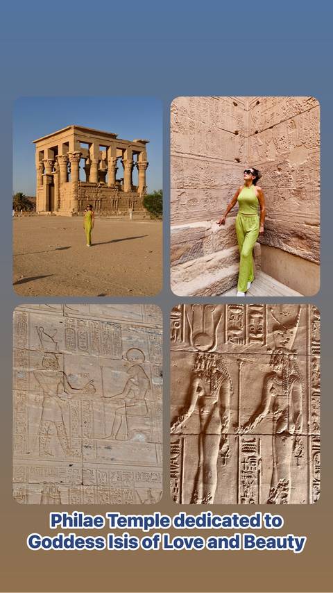 Collage of images with a person and ancient carvings.