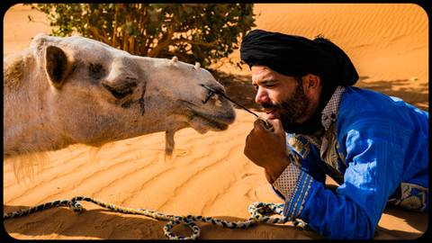 Man in traditional attire with a camel in the desert.