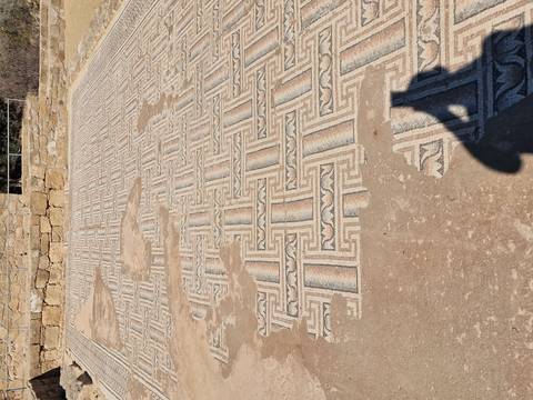 Mosaic pavement with a person’s shadow.