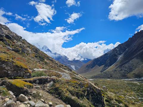 Breathtaking view of blue sky and mountain peaks in Nepal.