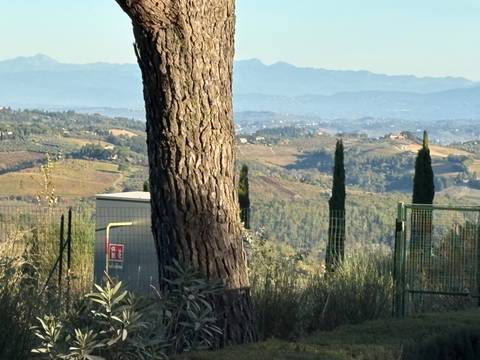 Partially obstructed view of a countryside landscape.
