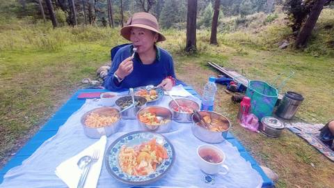 Person having a picnic meal outdoors in a forest