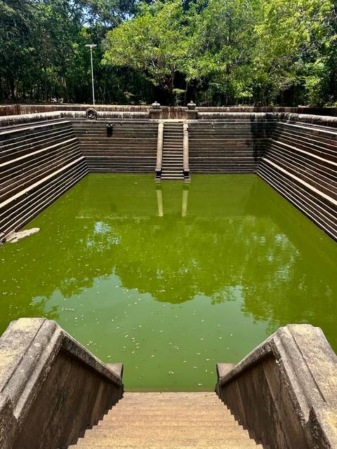 Ancient stone bath filled with green water