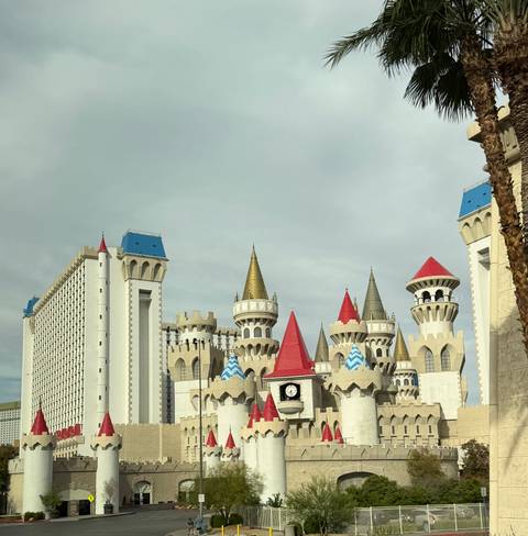 A hotel with a unique castle-like architecture in Las Vegas.