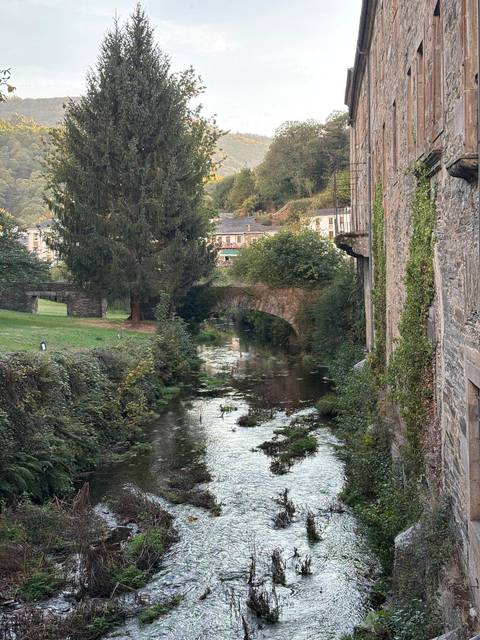       A scenic view of a bridge over a tranquil waterway.
  