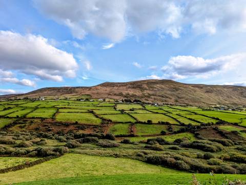       Rolling hills with patchwork fields under a blue sky.
  