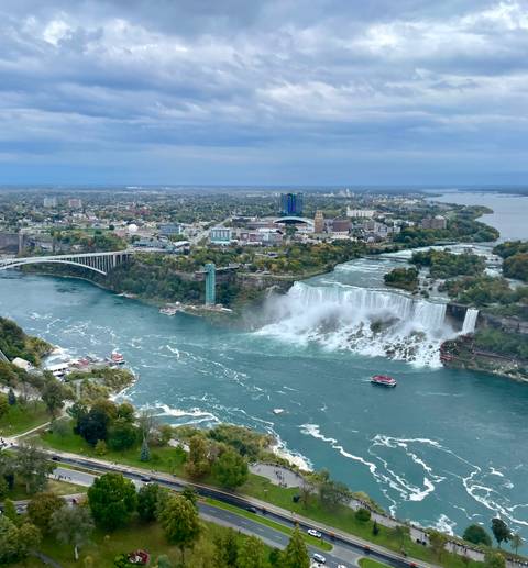 Aerial view of Niagara Falls with surrounding cityscape.
