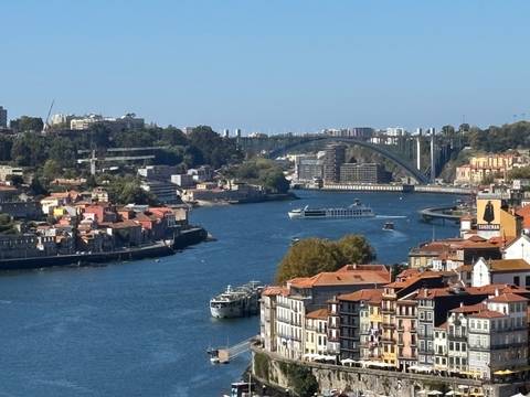       Aerial view of Porto with the Douro River and a prominent bridge.
  