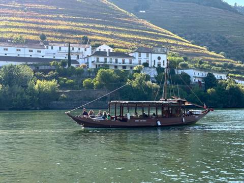       Traditional boat with people on a river with terraced vineyards.
  