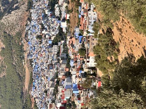       Aerial view of a densely built city with small colorful buildings.
  