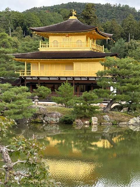Golden Pavilion with a reflection in the water surrounded by trees.
