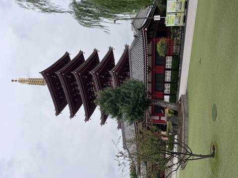 Five-story pagoda with trees in a temple complex.