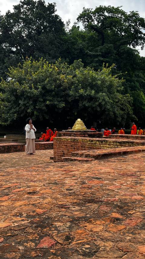 A person praying in front of a golden stupa surrounded by monks wearing orange robes.