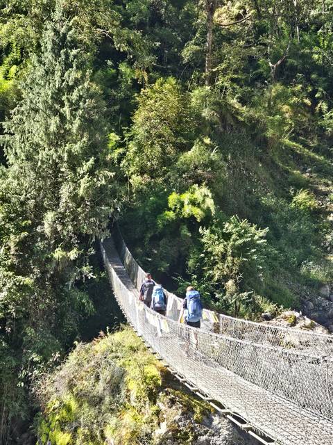       Hikers crossing a suspension bridge over a river with forested hills.
  
